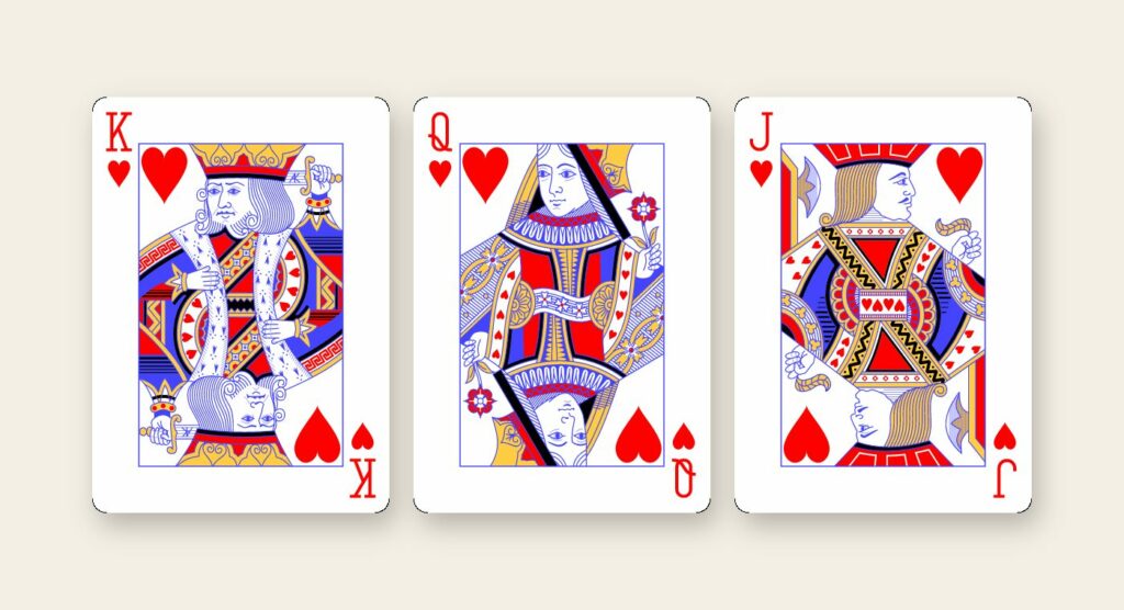 Roi, dame et valet de cœur d’un jeu de cartes classique